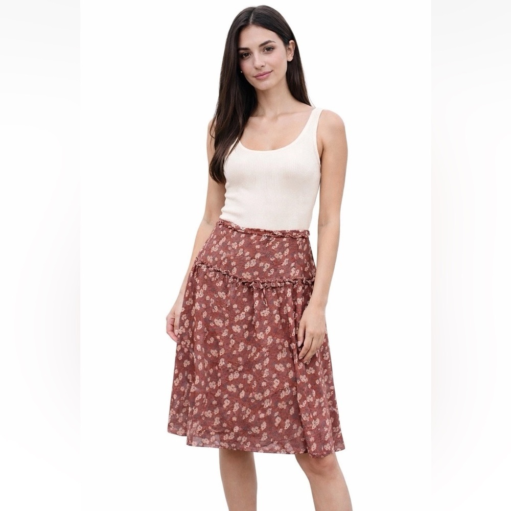 Vintage Y2K 90's Free People Floral Ruffle Mini Skirt Boho Chic Size 5 Brown